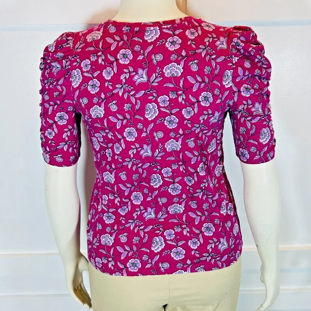 LOFT Blouse Womens M Purple Floral Chintz Short Puff Ruched Sleeves Round Neck